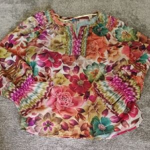 Democracy Sheer Watercolor Floral Blouse Poet Sleeve